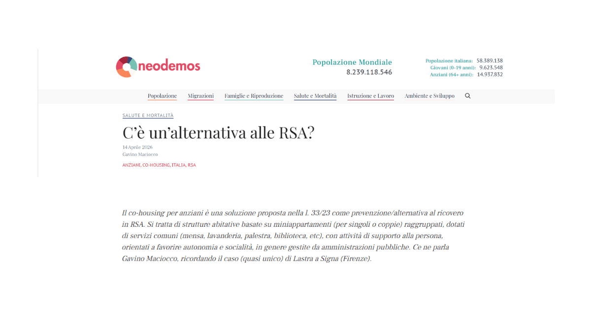 Articolo di Gavino Maciocco su Neodemos — C'è un'alternativa alle RSA?